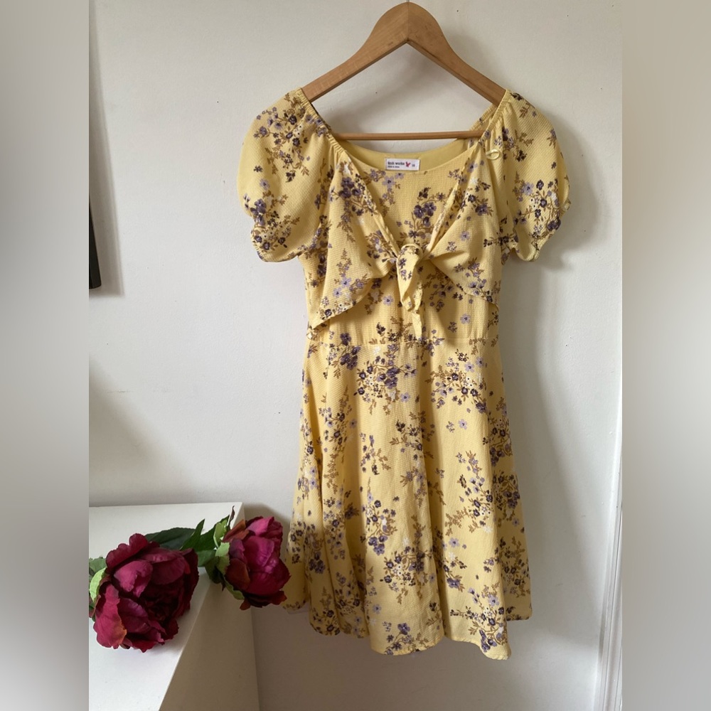 Yellow floral dress with purple flowers